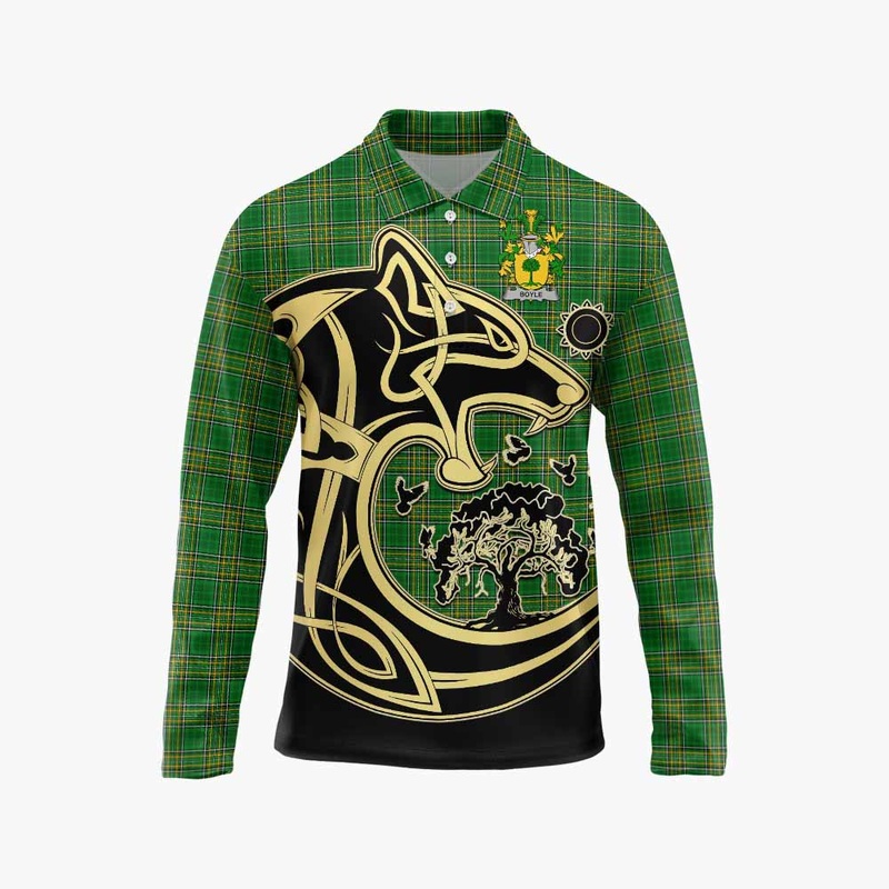 Boyle Irish Tartan Long Sleeve Polo Shirt with Coat of Arms Celtic Wolf Style