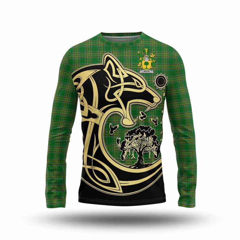 Boyle Irish Tartan Long Sleeve T-Shirt with Coat of Arms Celtic Wolf Style