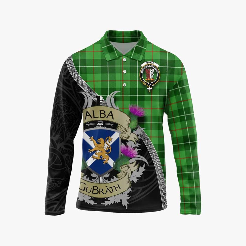 Boyle Tartan Family Crest Long Sleeve Polo Shirt Lion Rampant Royal Thistle Shield Celtic Inspired