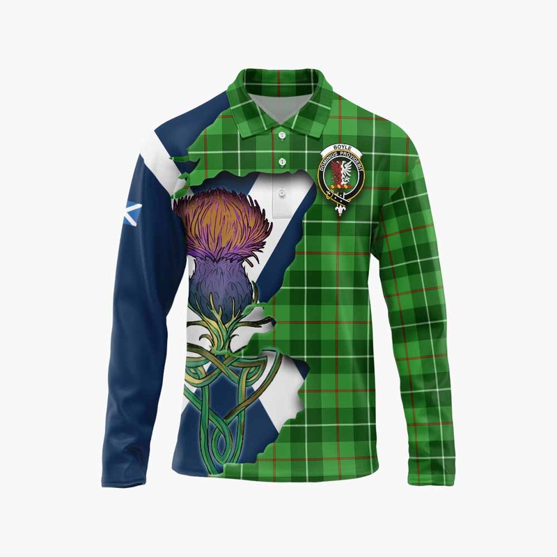 Boyle Tartan Family Crest Long Sleeve Polo Shirt Scottish Thistle Celtic Inspired