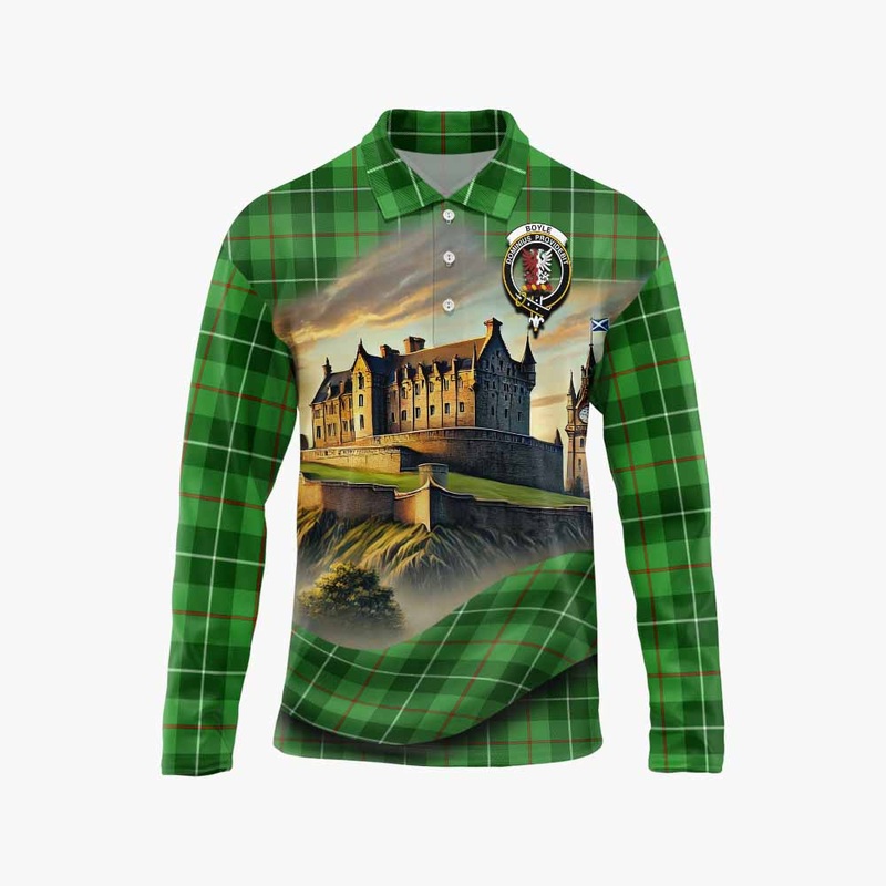 Boyle Tartan Family Crest Long Sleeve Polo Shirt with Scottish Ancient Castle Style