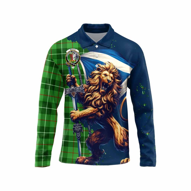 Boyle Tartan Family Crest Long Sleeve Polo Shirt with Scottish Majestic Lion