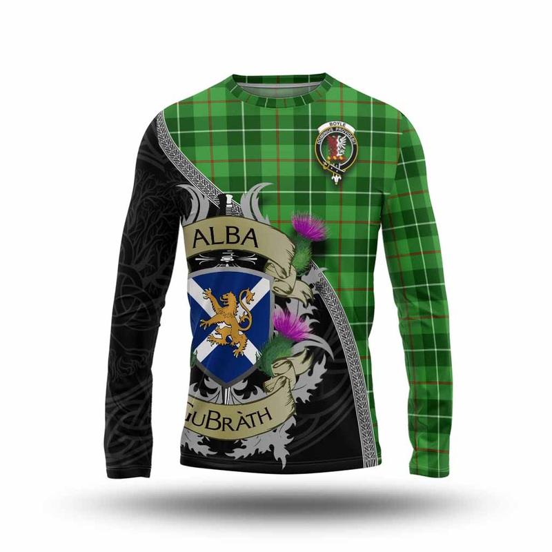 Boyle Tartan Family Crest Long Sleeve T-Shirt Lion Rampant Royal Thistle Shield Celtic Inspired