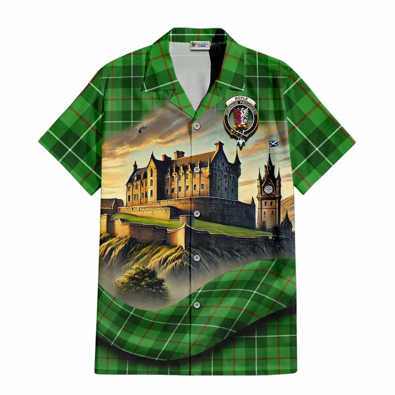 Boyle Tartan Family Crest Short Sleeve Button Shirt with Scottish Ancient Castle Style