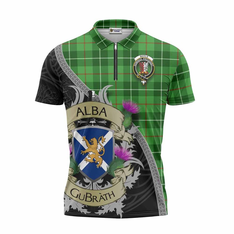 Boyle Tartan Family Crest Zipper Polo Shirt Lion Rampant Royal Thistle Shield Celtic Inspired