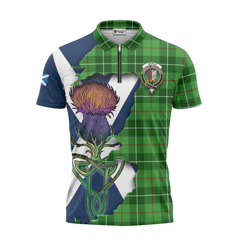 Boyle Tartan Family Crest Zipper Polo Shirt Scottish Thistle Celtic Inspired