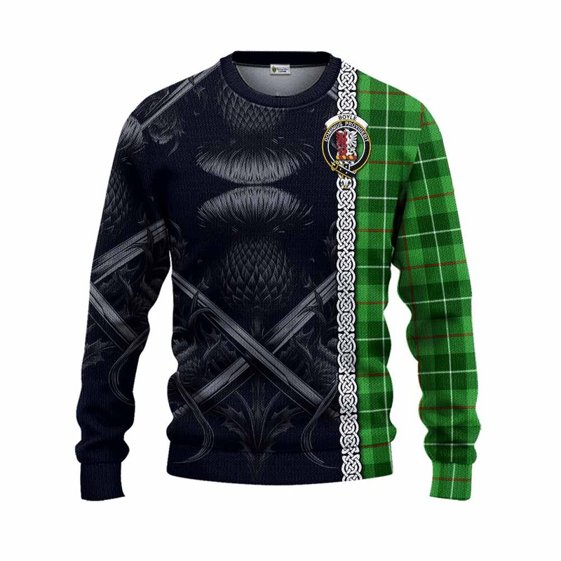Boyle Tartan Knitted Sweater with Family Crest Cross Sword Thistle Celtic Vibes