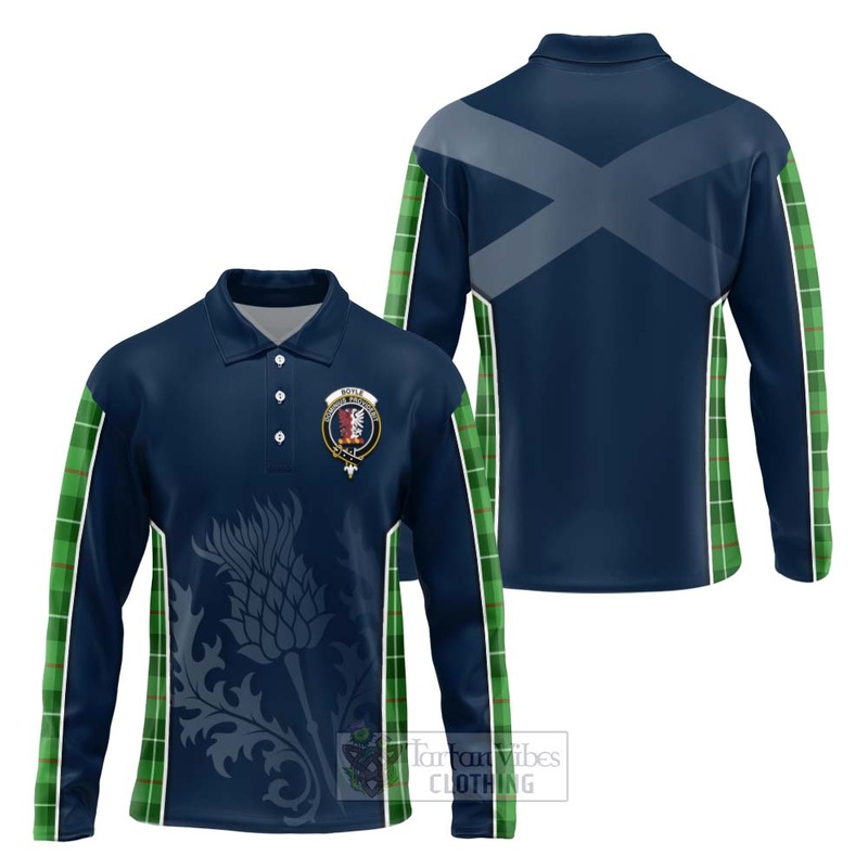 Boyle Tartan Long Sleeve Polo Shirt with Family Crest and Scottish Thistle Vibes Sport Style