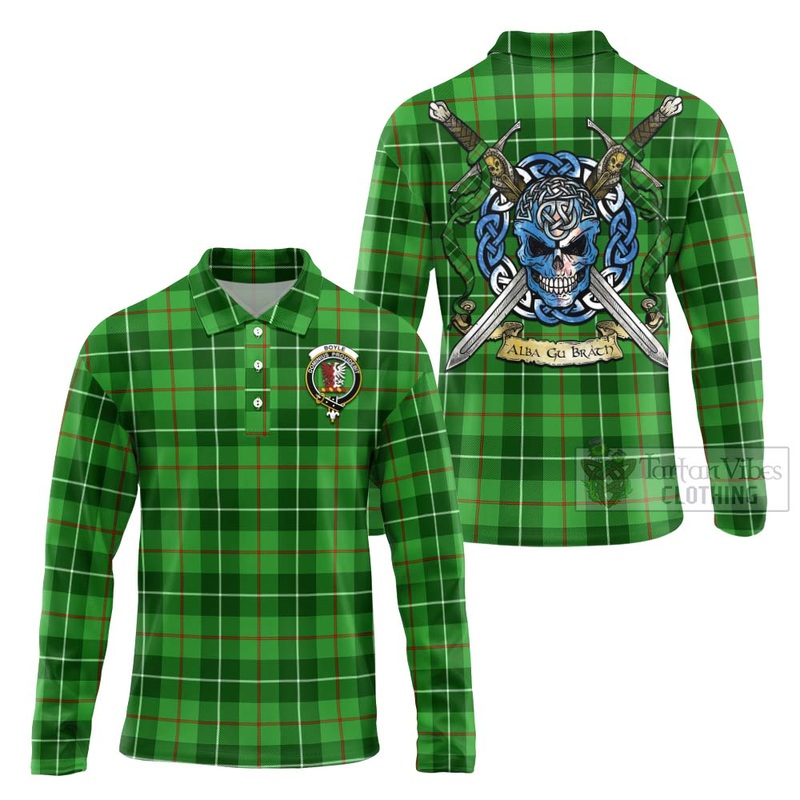 Boyle Tartan Long Sleeve Polo Shirt with Family Crest Celtic Skull Style