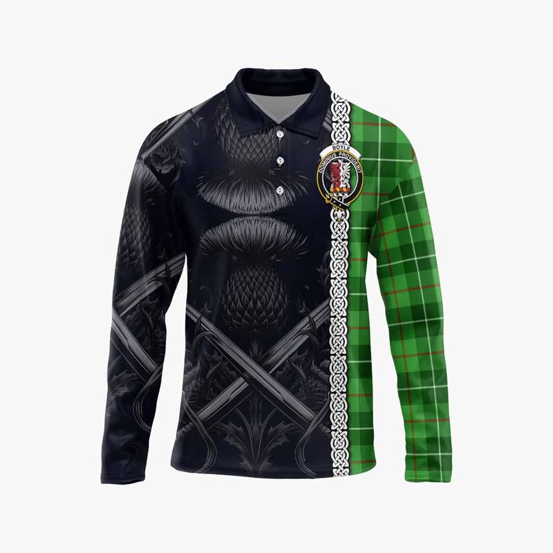 Boyle Tartan Long Sleeve Polo Shirt with Family Crest Cross Sword Thistle Celtic Vibes