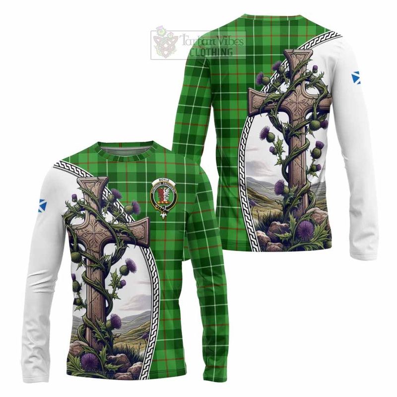 Boyle Tartan Long Sleeve T-Shirt with Family Crest and St. Andrew's Cross Accented by Thistle Vines