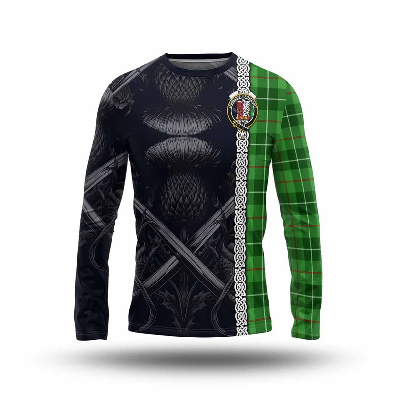 Boyle Tartan Long Sleeve T-Shirt with Family Crest Cross Sword Thistle Celtic Vibes
