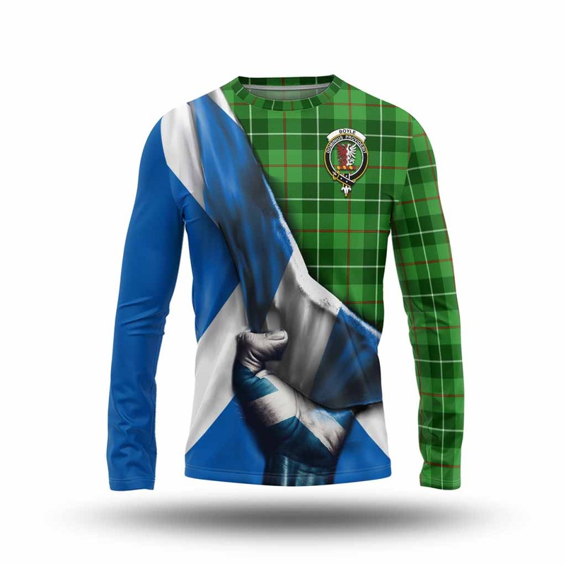 Boyle Tartan Long Sleeve T-Shirt with Family Crest Scotland Patriotic Style