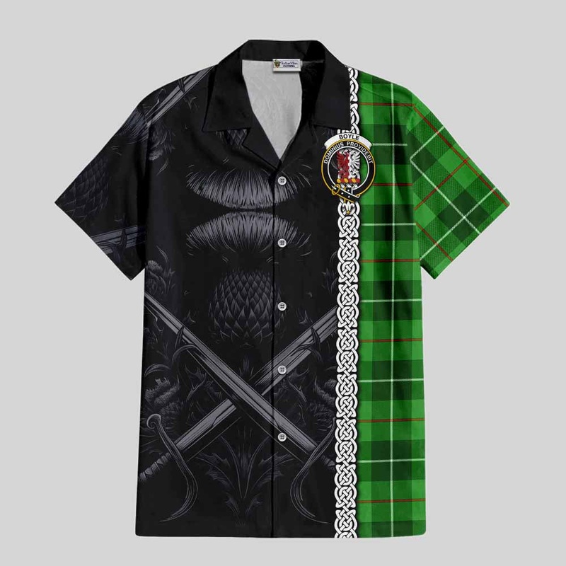 Boyle Tartan Short Sleeve Button Shirt with Family Crest Cross Sword Thistle Celtic Vibes