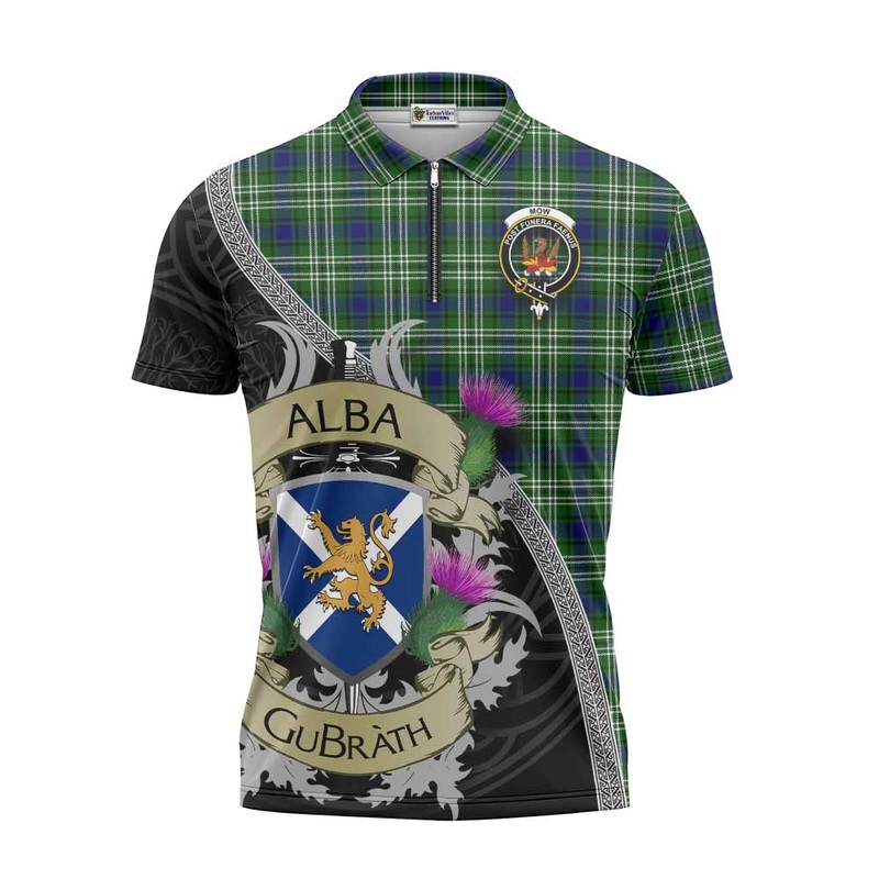 Mow Tartan Family Crest Zipper Polo Shirt Lion Rampant Royal Thistle Shield Celtic Inspired