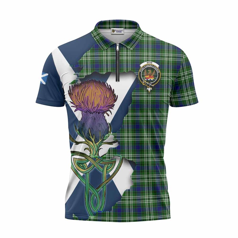 Mow Tartan Family Crest Zipper Polo Shirt Scottish Thistle Celtic Inspired