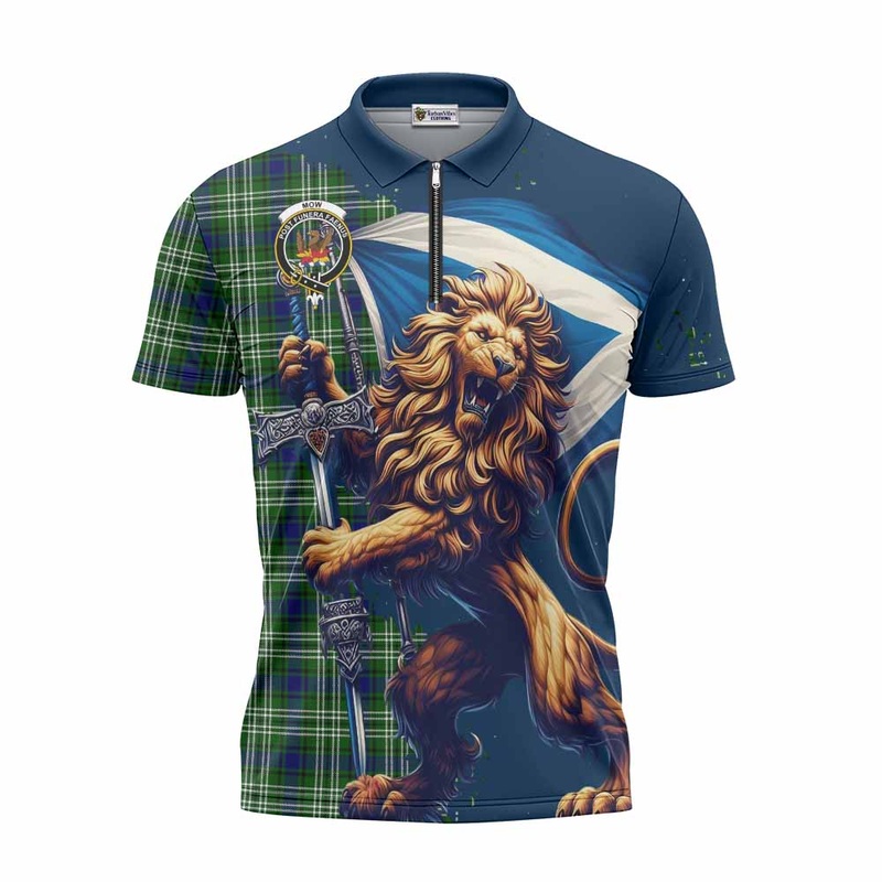 Mow Tartan Family Crest Zipper Polo Shirt with Scottish Majestic Lion