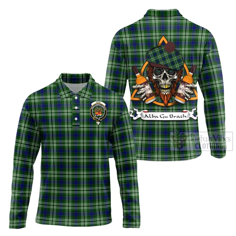 Mow Tartan Long Sleeve Polo Shirt with Family Crest and Bearded Skull Holding Bottles of Whiskey