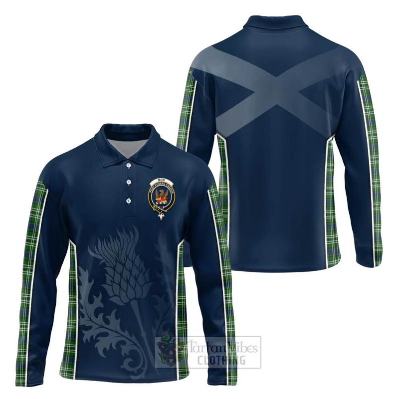 Mow Tartan Long Sleeve Polo Shirt with Family Crest and Scottish Thistle Vibes Sport Style
