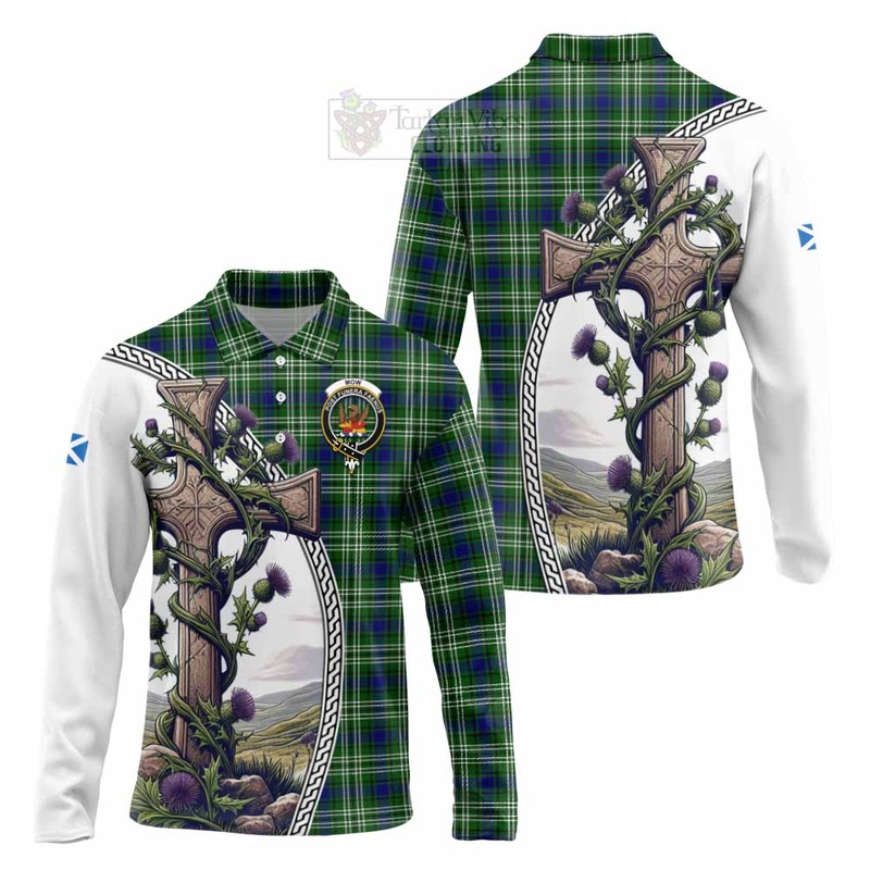 Mow Tartan Long Sleeve Polo Shirt with Family Crest and St. Andrew's Cross Accented by Thistle Vines