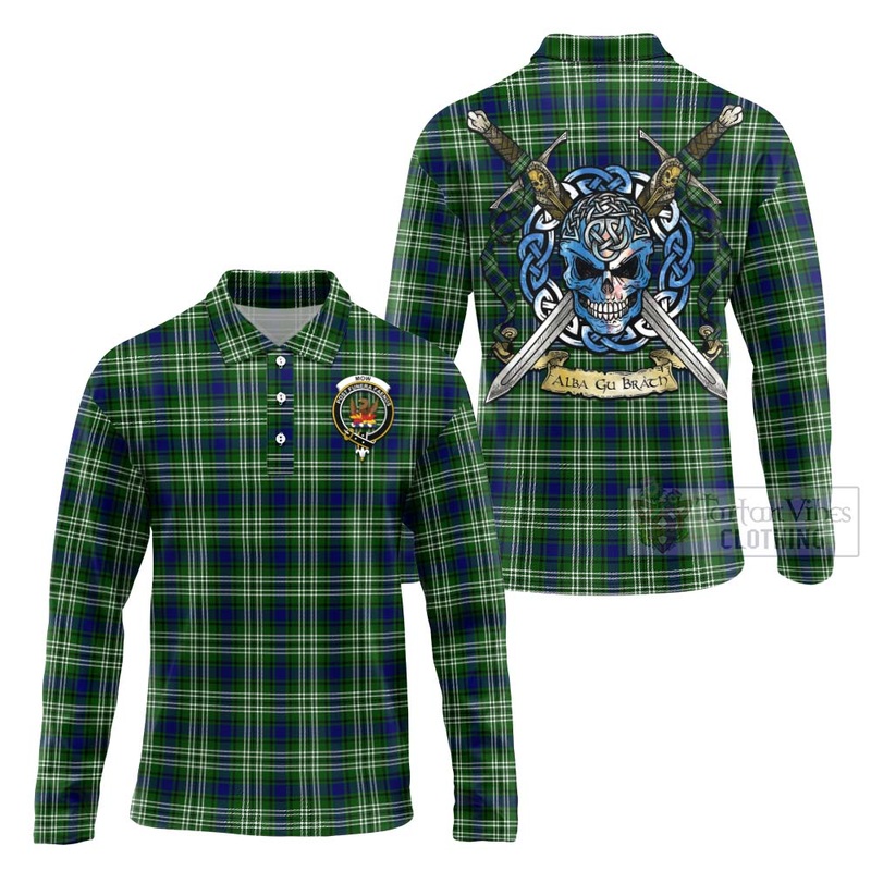 Mow Tartan Long Sleeve Polo Shirt with Family Crest Celtic Skull Style
