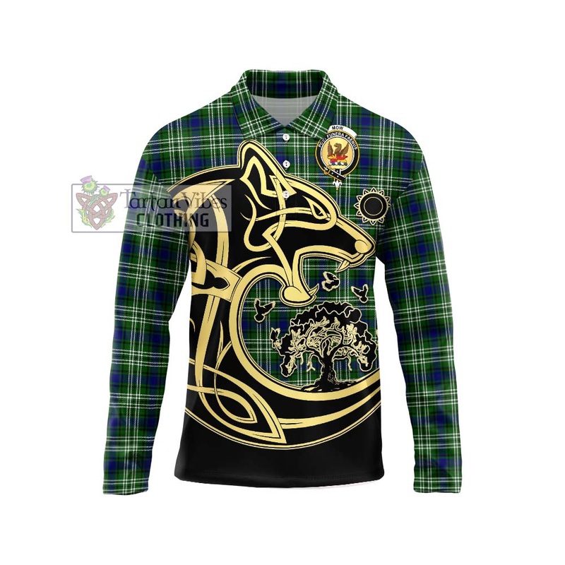 Mow Tartan Long Sleeve Polo Shirt with Family Crest Celtic Wolf Style