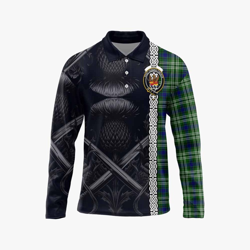 Mow Tartan Long Sleeve Polo Shirt with Family Crest Cross Sword Thistle Celtic Vibes