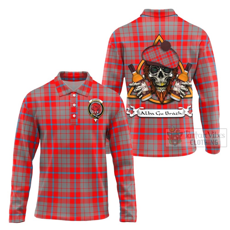Moubray Tartan Long Sleeve Polo Shirt with Family Crest and Bearded Skull Holding Bottles of Whiskey