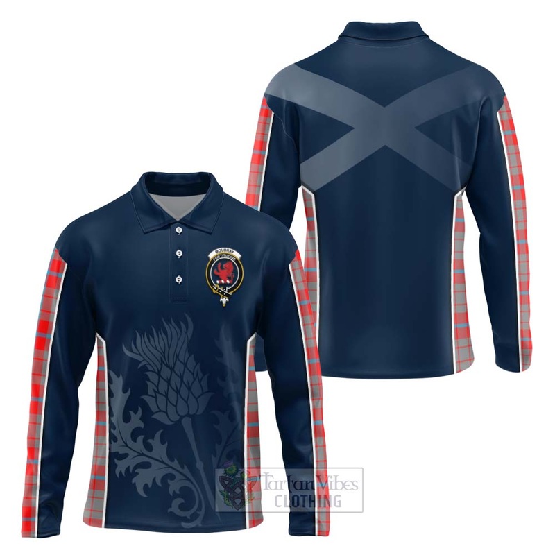 Moubray Tartan Long Sleeve Polo Shirt with Family Crest and Scottish Thistle Vibes Sport Style