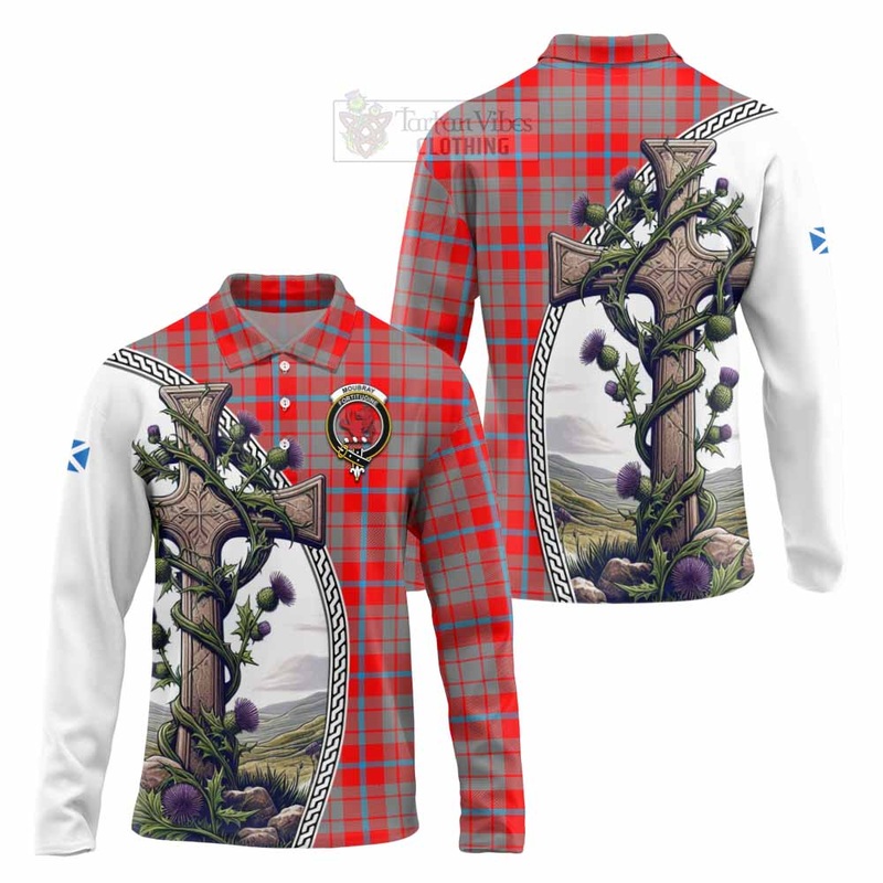 Moubray Tartan Long Sleeve Polo Shirt with Family Crest and St. Andrew's Cross Accented by Thistle Vines