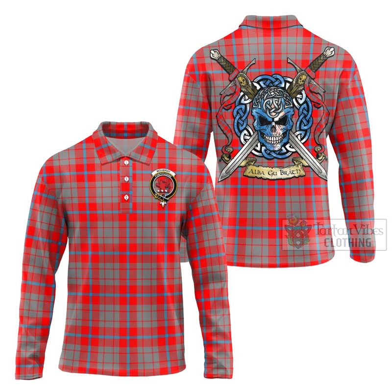 Moubray Tartan Long Sleeve Polo Shirt with Family Crest Celtic Skull Style