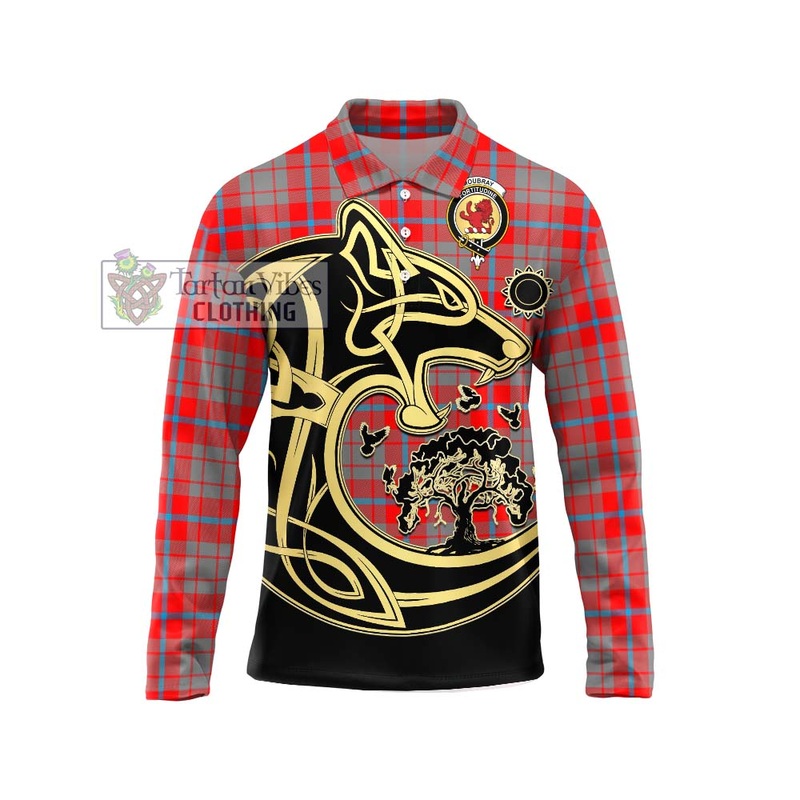 Moubray Tartan Long Sleeve Polo Shirt with Family Crest Celtic Wolf Style