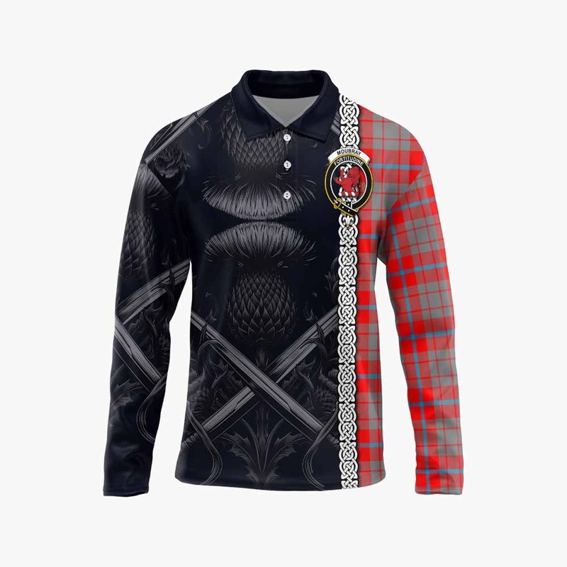 Moubray Tartan Long Sleeve Polo Shirt with Family Crest Cross Sword Thistle Celtic Vibes