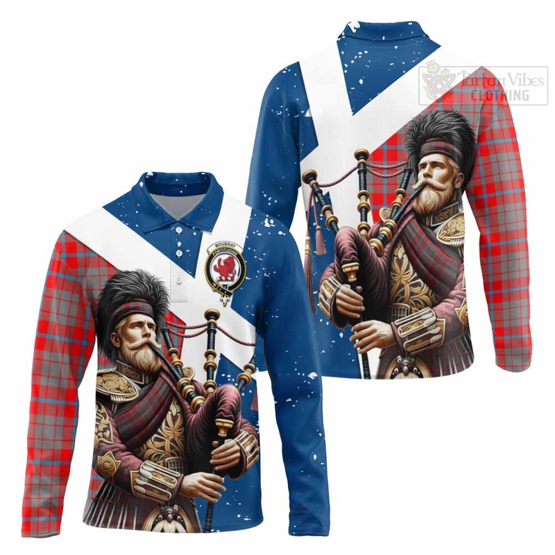Moubray Tartan Long Sleeve Polo Shirt with Family Crest Scottish Bagpiper Vibes