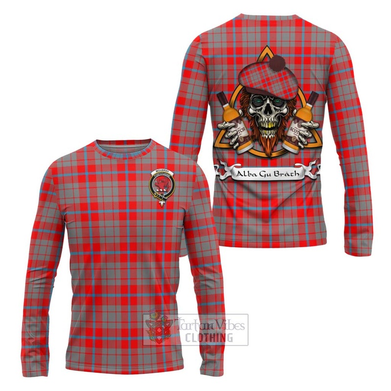 Moubray Tartan Long Sleeve T-Shirt with Family Crest and Bearded Skull Holding Bottles of Whiskey