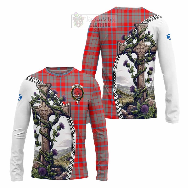Moubray Tartan Long Sleeve T-Shirt with Family Crest and St. Andrew's Cross Accented by Thistle Vines