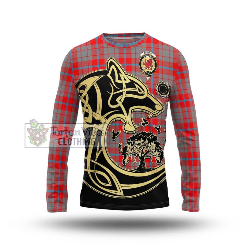 Moubray Tartan Long Sleeve T-Shirt with Family Crest Celtic Wolf Style
