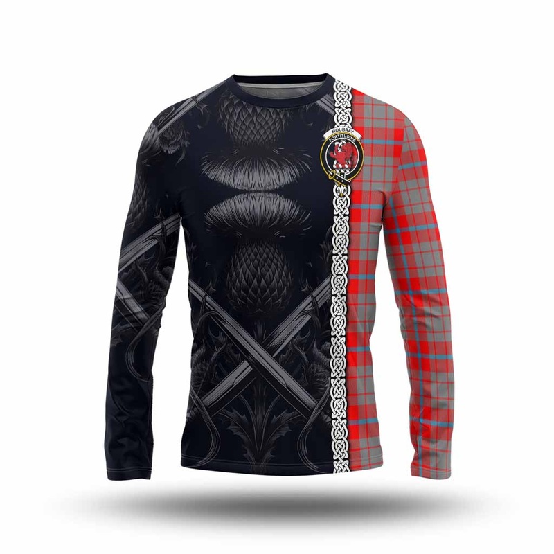 Moubray Tartan Long Sleeve T-Shirt with Family Crest Cross Sword Thistle Celtic Vibes