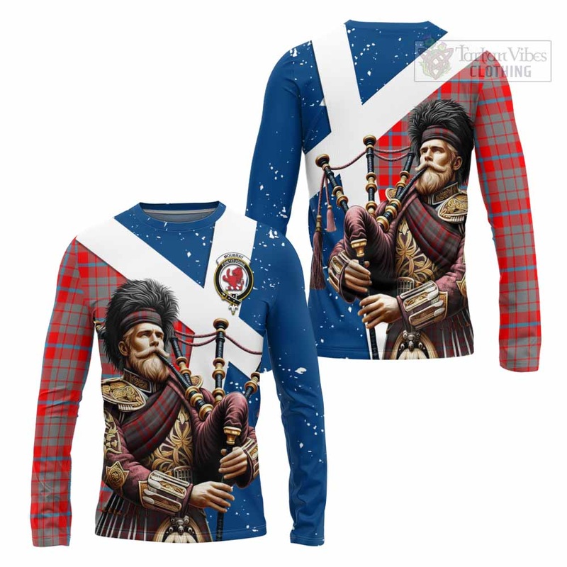 Moubray Tartan Long Sleeve T-Shirt with Family Crest Scottish Bagpiper Vibes