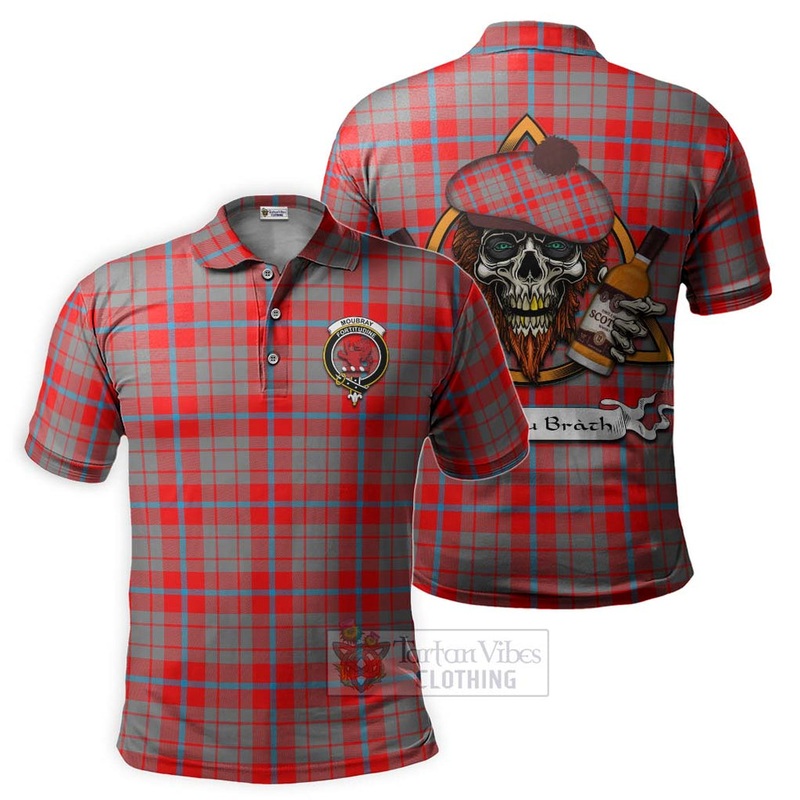 Moubray Tartan Polo Shirt with Family Crest and Bearded Skull Holding Bottles of Whiskey
