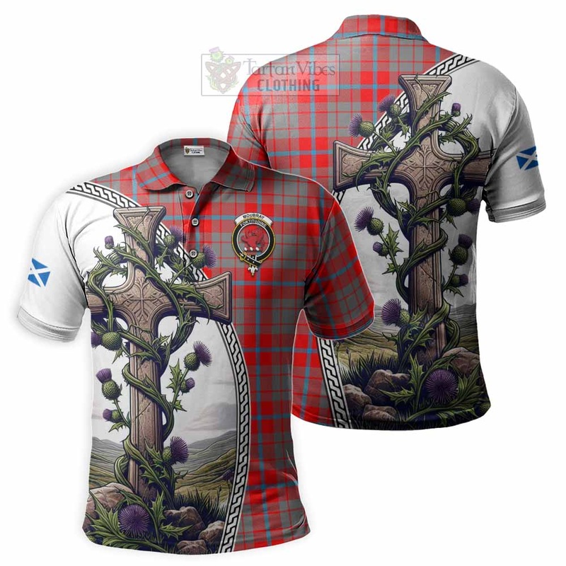 Moubray Tartan Polo Shirt with Family Crest and St. Andrew's Cross Accented by Thistle Vines