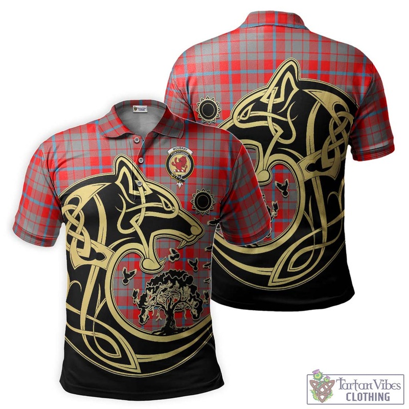 Moubray Tartan Polo Shirt with Family Crest Celtic Wolf Style