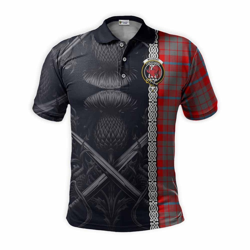 Moubray Tartan Polo Shirt with Family Crest Cross Sword Thistle Celtic Vibes