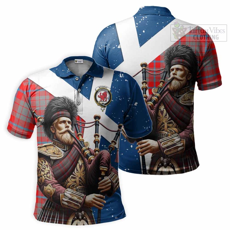 Moubray Tartan Polo Shirt with Family Crest Scottish Bagpiper Vibes