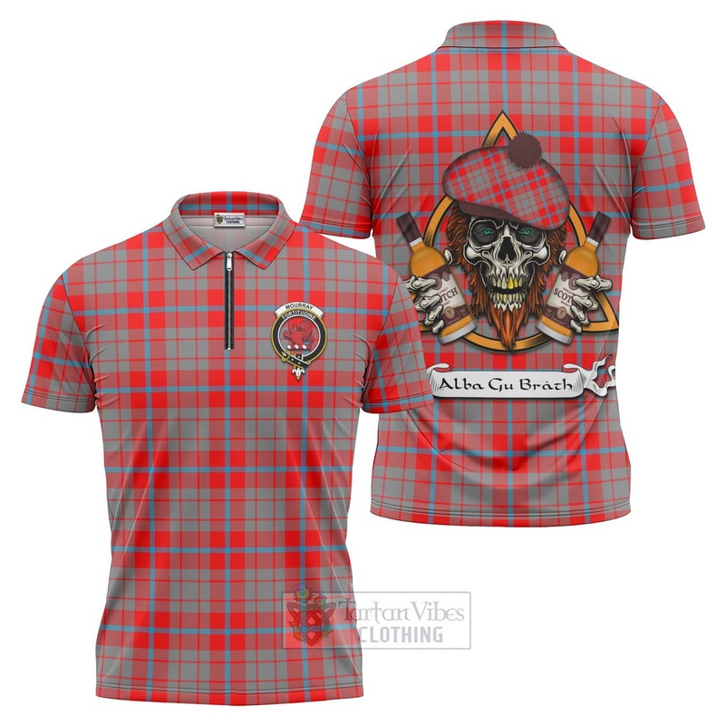 Moubray Tartan Zipper Polo Shirt with Family Crest and Bearded Skull Holding Bottles of Whiskey
