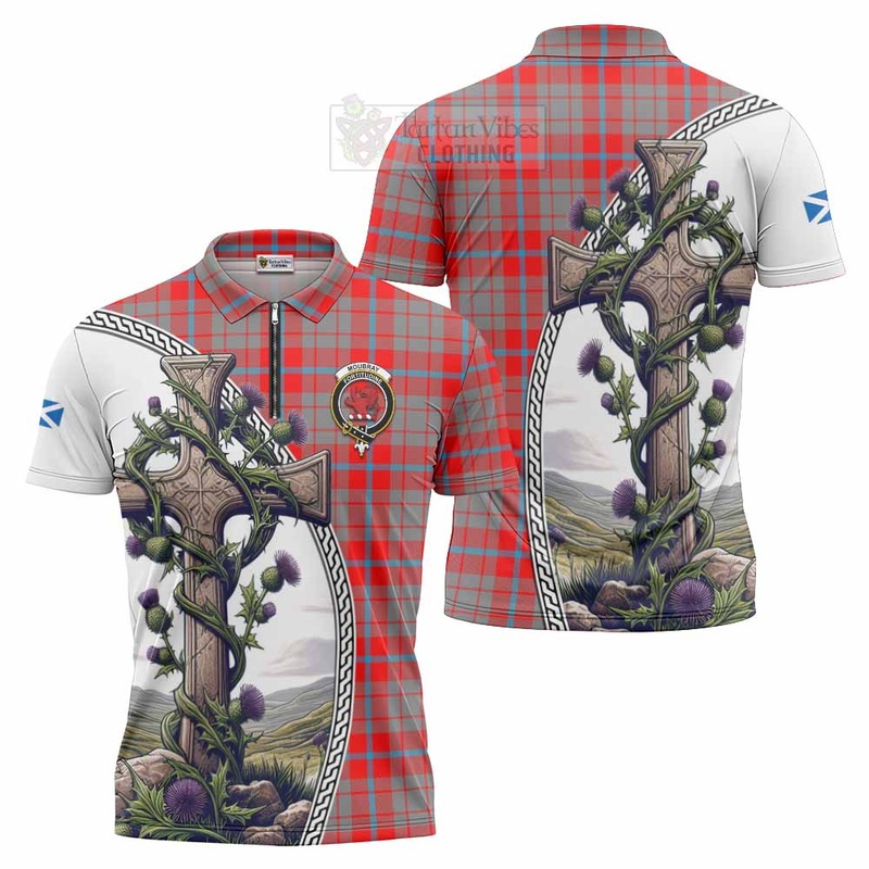 Moubray Tartan Zipper Polo Shirt with Family Crest and St. Andrew's Cross Accented by Thistle Vines