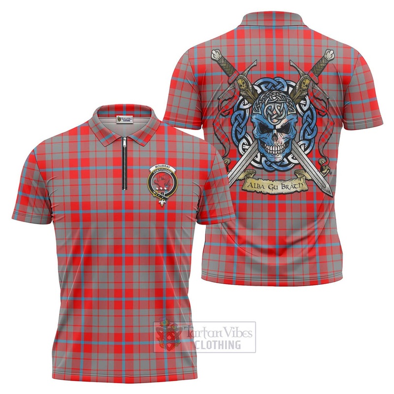 Moubray Tartan Zipper Polo Shirt with Family Crest Celtic Skull Style