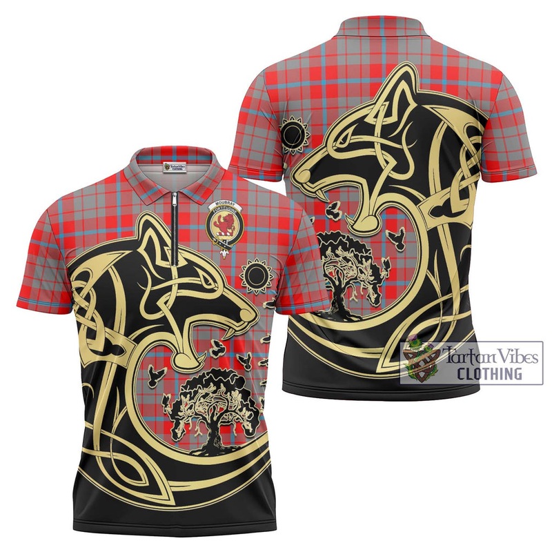 Moubray Tartan Zipper Polo Shirt with Family Crest Celtic Wolf Style