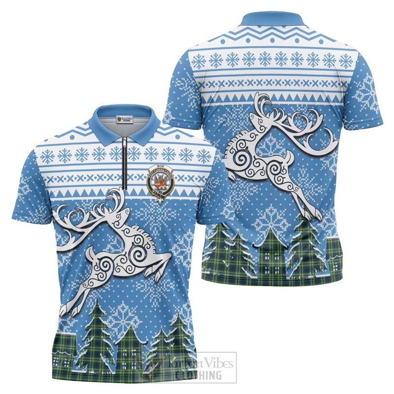 Mow Clan Christmas Zipper Polo Shirt Celtic Reindeer Style
