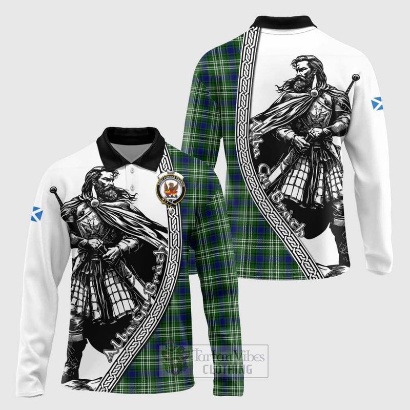 Mow Tartan Clan Crest Long Sleeve Polo Shirt with Highlander Warrior Celtic Style